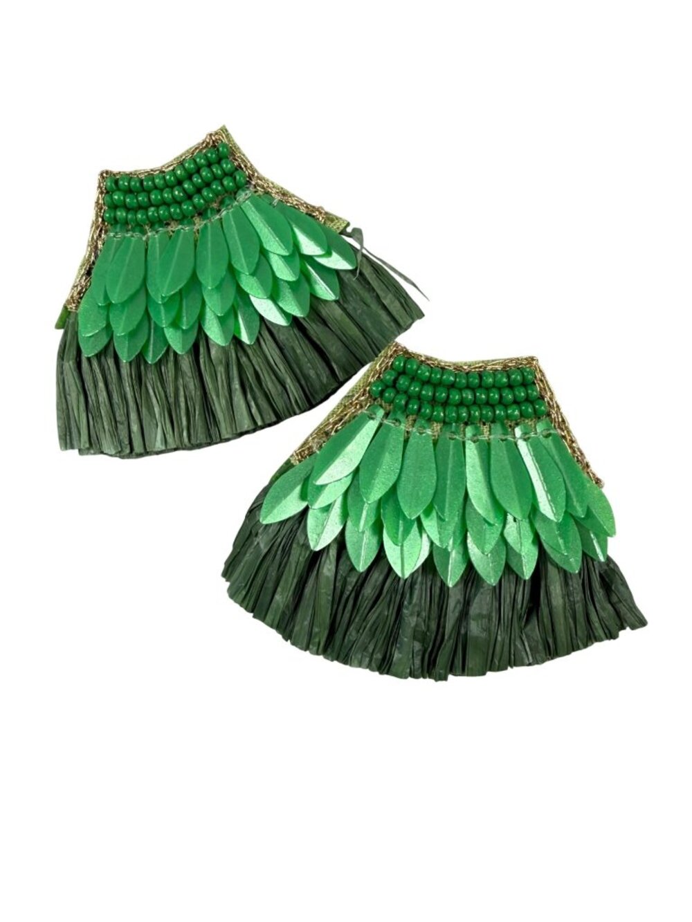 Green Rafia Beaded Earrings Houla Skirt Gold Tone Detailing Pierced Beach Hawaii
